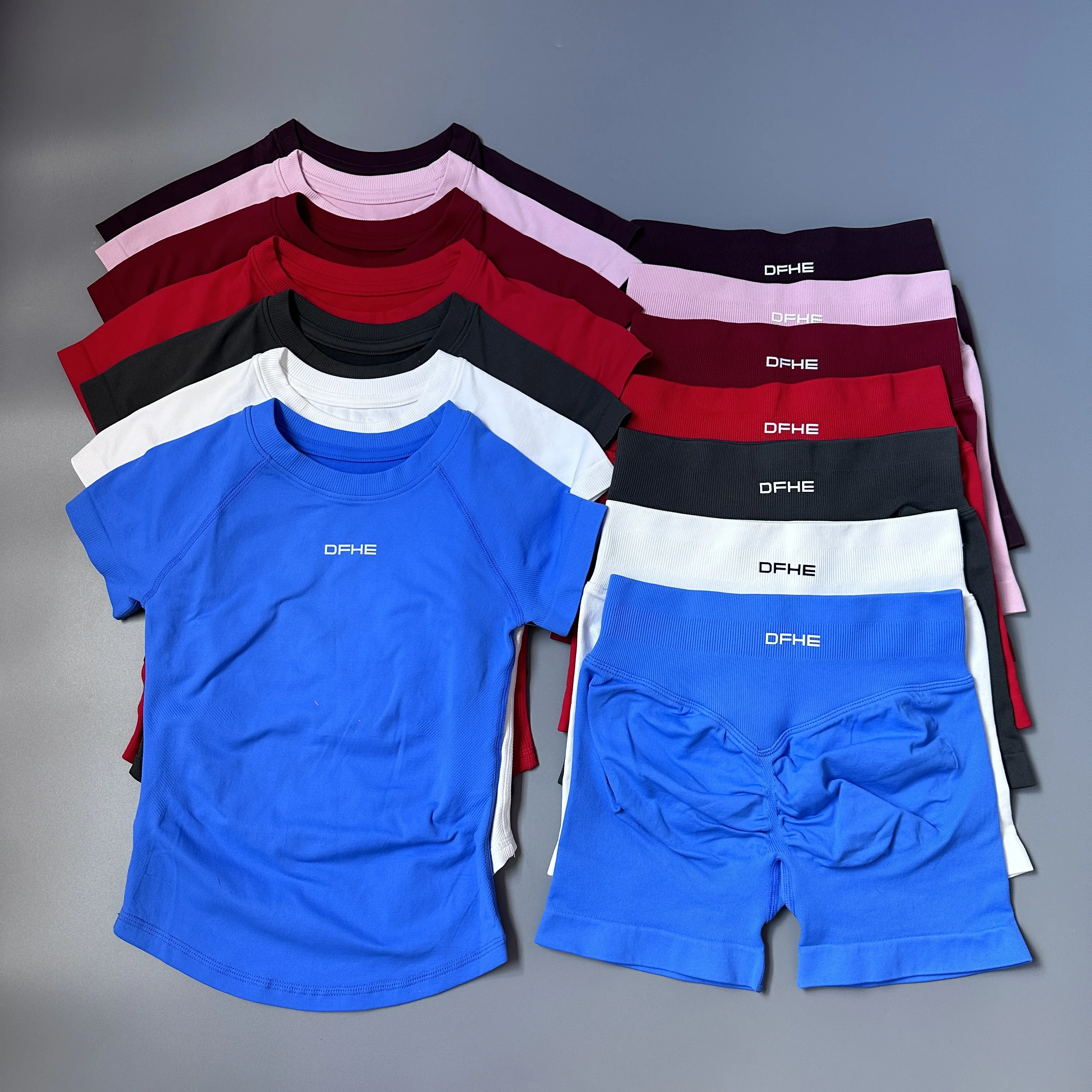 DFHE 2 Piece Athletic Tracksuit, Seamless Short Sleeve Yoga Wear, High Stretch Running Shorts, Gym Training Outfit