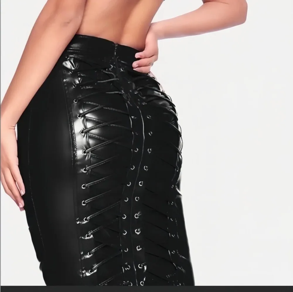 Women Gothic Faux Leather Skirt Lace Up High Waist Shart Bandaage Midi Skirt Sexy Wrap Pencil Bodycon Skirt