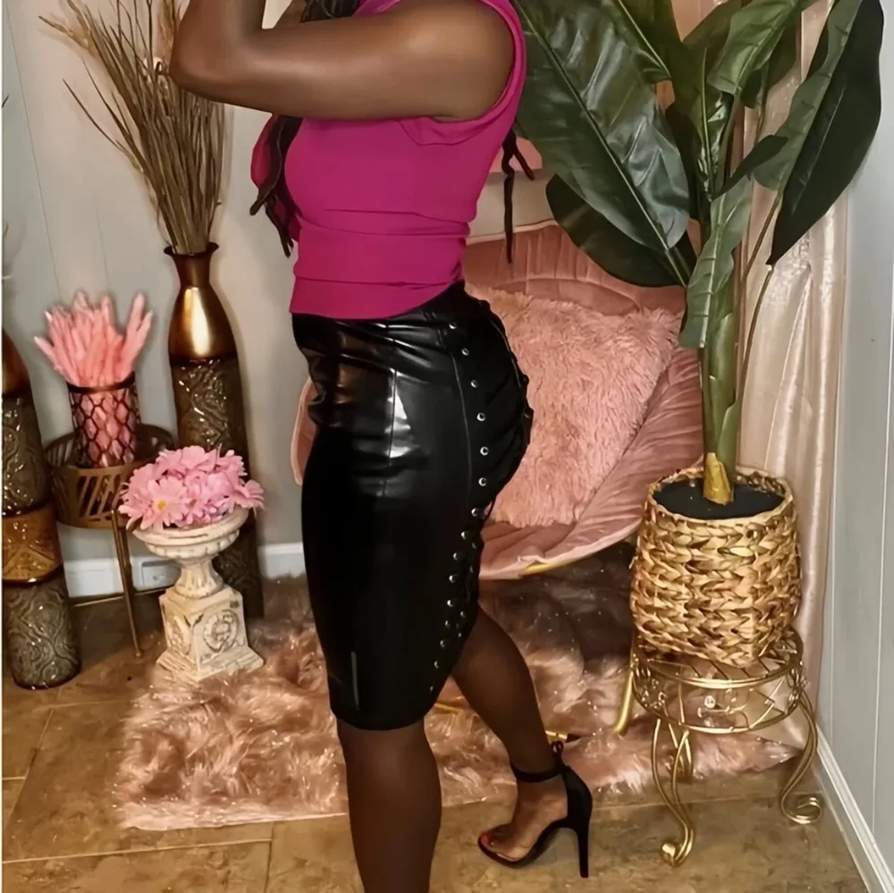 Women Gothic Faux Leather Skirt Lace Up High Waist Shart Bandaage Midi Skirt Sexy Wrap Pencil Bodycon Skirt