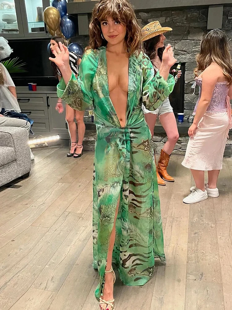 Nibber Lantern Sleeve Tiger Stripe Print Long Dress Woman Autumn Trend Deep V-Neck Sexy Backless Beach Party Elegant Vestidos
