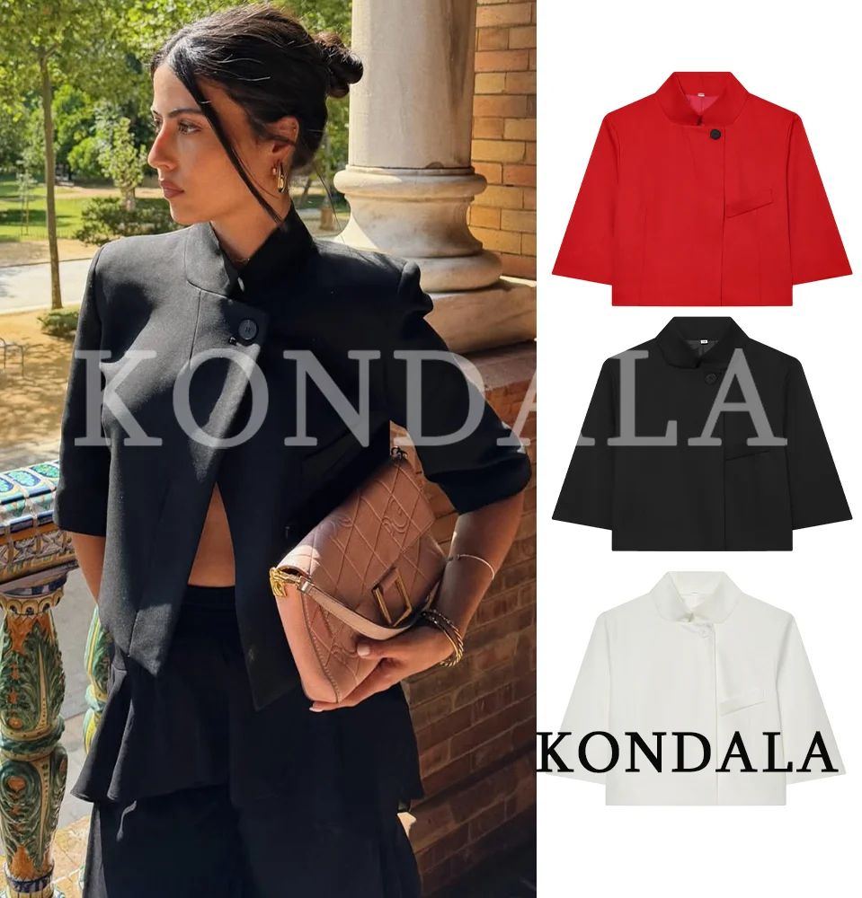 KONDALA Commute Short Sleeve Blazer Women Summer Elegant Stand-up Collar Short Blazer New 2026 Trendy High Street Casual Blazer