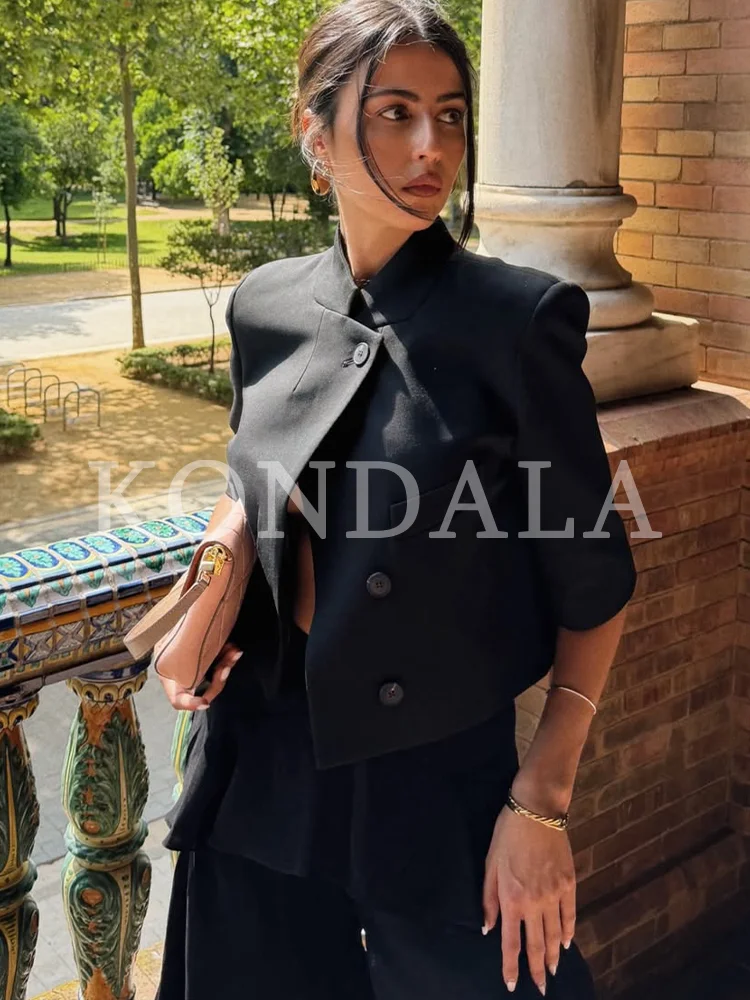 KONDALA Commute Short Sleeve Blazer Women Summer Elegant Stand-up Collar Short Blazer New 2026 Trendy High Street Casual Blazer