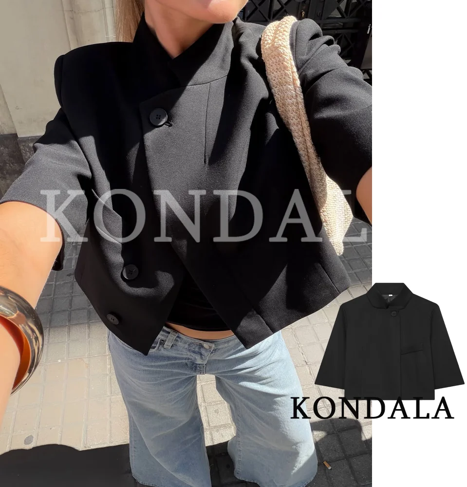 KONDALA Commute Short Sleeve Blazer Women Summer Elegant Stand-up Collar Short Blazer New 2026 Trendy High Street Casual Blazer