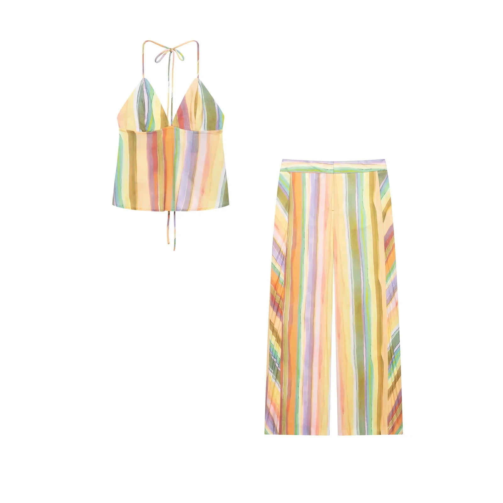 KONDALA Sweet Casual Women Pants Suit Stripe Sleeveless Backless Halter Top Long Zipper Pants Fashion 2026 Summer Fall Boho Suit