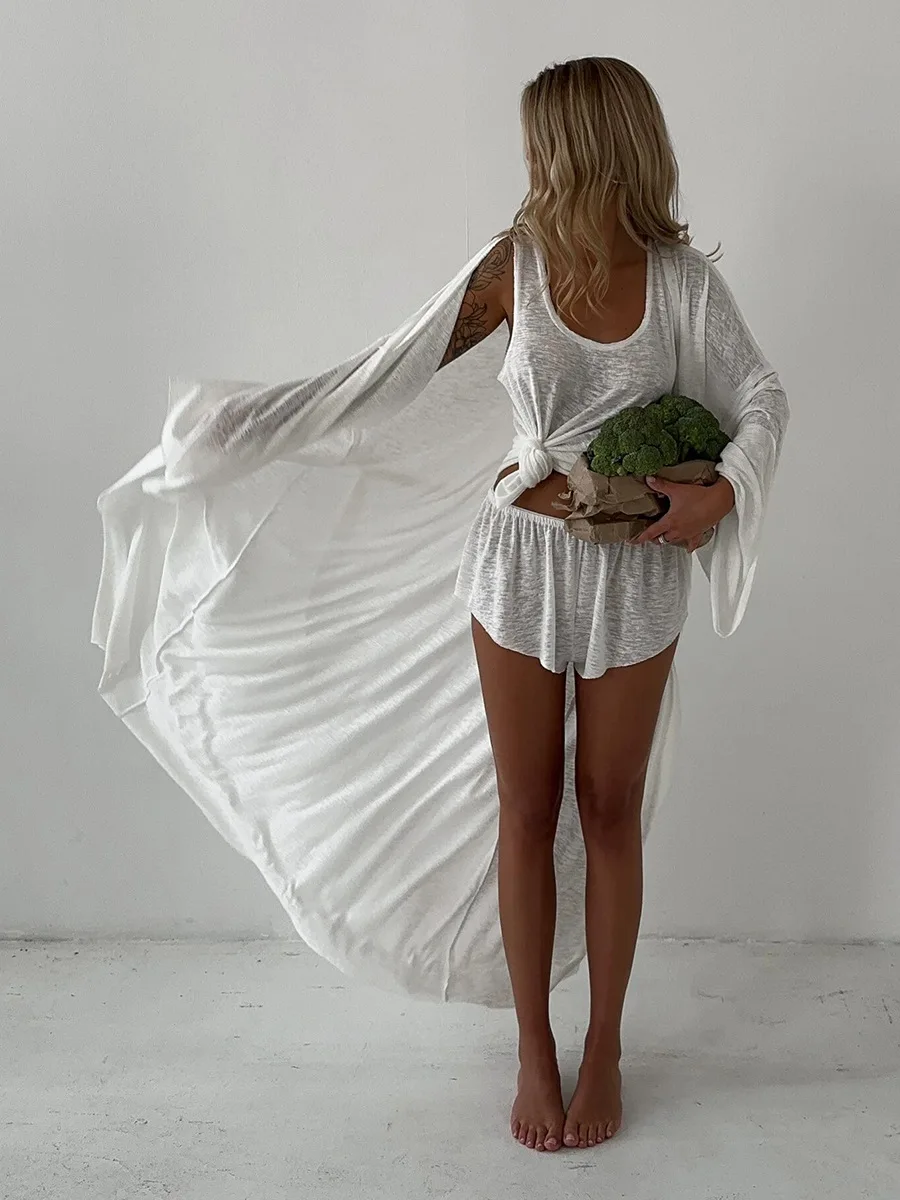 Bornladies White Robe Vest Shorts 3-Piece Set Woman Autumn New Semi Transparent Beachwear Casual Long Sleeved Cardigan Set