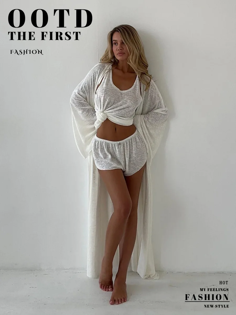 Bornladies White Robe Vest Shorts 3-Piece Set Woman Autumn New Semi Transparent Beachwear Casual Long Sleeved Cardigan Set