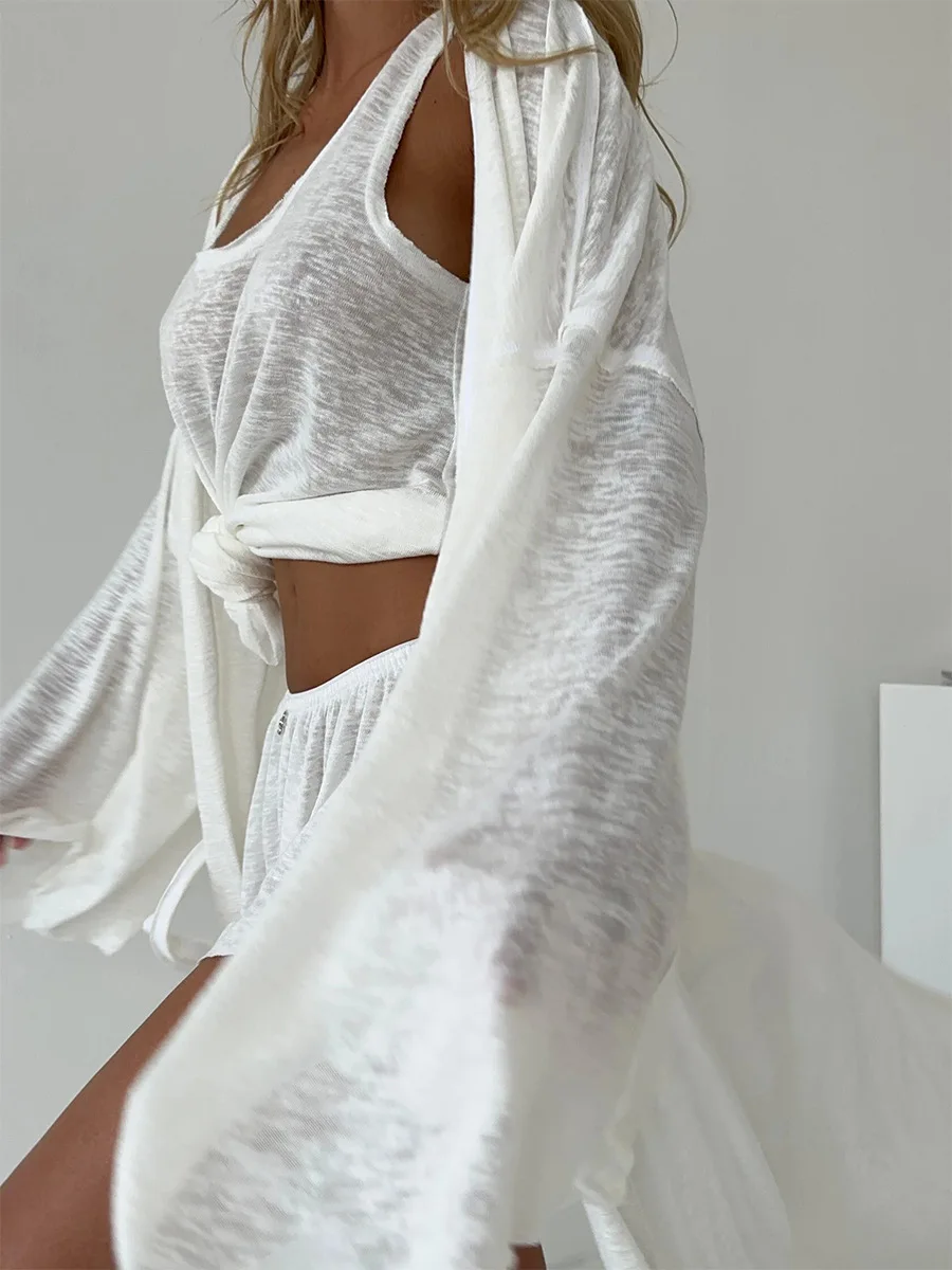 Bornladies White Robe Vest Shorts 3-Piece Set Woman Autumn New Semi Transparent Beachwear Casual Long Sleeved Cardigan Set