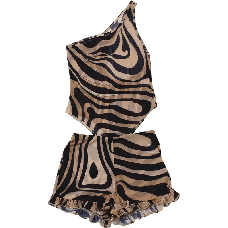 Weird Puss Wavy Pattern Print 2 Piece Set Woman Skew Collar Backless Tank Tops+Ruffles Edge Design Mini Shorts Sexy Fashion Suit