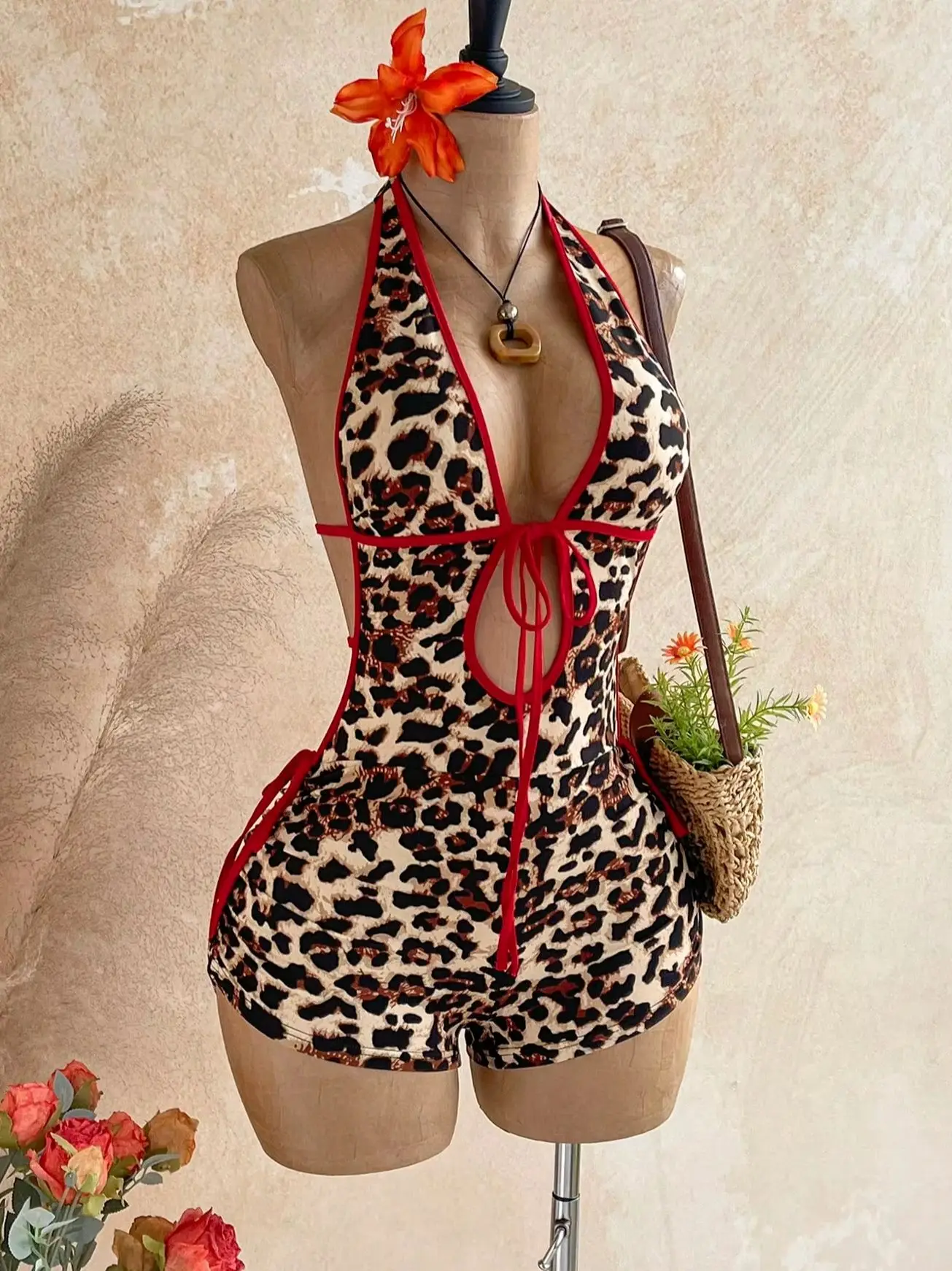 Vintage Melard Leopard Print Halter Neck Jumpsuit with Red Trim, Deep V Backless High-Waisted Tight-Fitting Hot Girl Vacation Jumpsuit