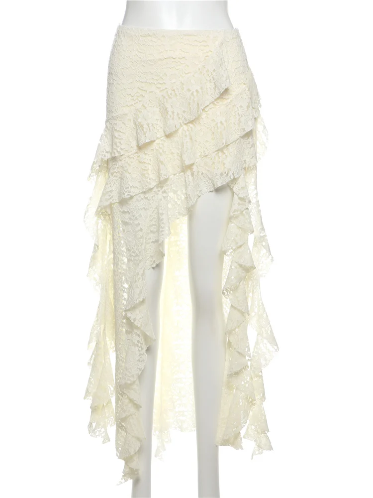 Nibber Tassels Women Skirts Irregular Hem Multi-Layered Ruffles Lace Patchwork Sweet Summer Trend Daily Skinny Versatile Bottoms