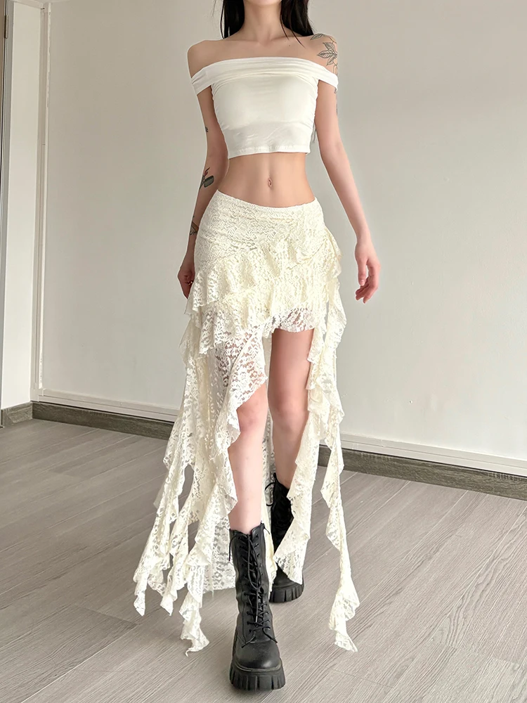 Nibber Tassels Women Skirts Irregular Hem Multi-Layered Ruffles Lace Patchwork Sweet Summer Trend Daily Skinny Versatile Bottoms