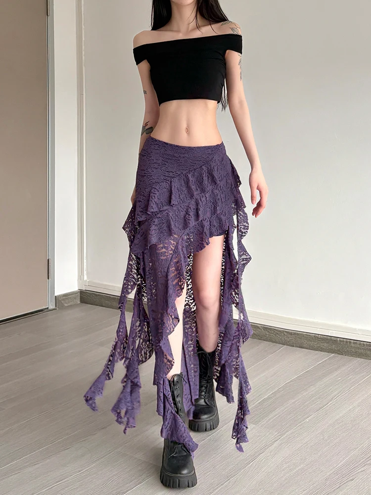 Nibber Tassels Women Skirts Irregular Hem Multi-Layered Ruffles Lace Patchwork Sweet Summer Trend Daily Skinny Versatile Bottoms