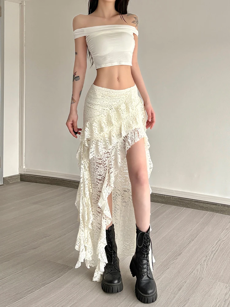Nibber Tassels Women Skirts Irregular Hem Multi-Layered Ruffles Lace Patchwork Sweet Summer Trend Daily Skinny Versatile Bottoms