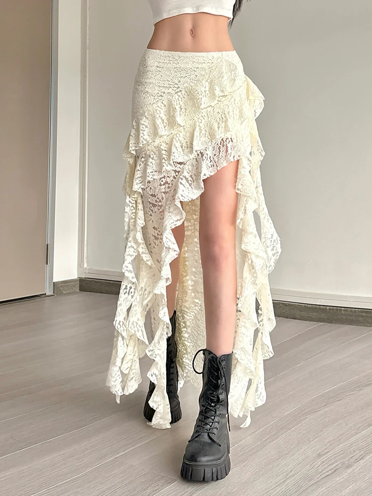 Nibber Tassels Women Skirts Irregular Hem Multi-Layered Ruffles Lace Patchwork Sweet Summer Trend Daily Skinny Versatile Bottoms