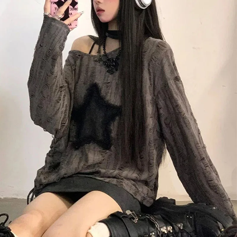 Y2K Hole Star Print T-Shirt Women Fashion Streetwear Off Shoulder Tops Summer Oversized Kpop Long Sleeve Loose Tees Ladies New
