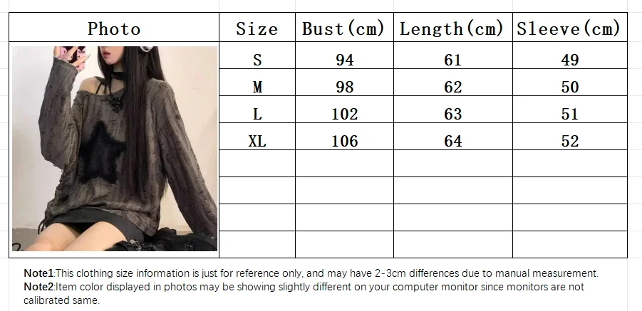 Y2K Hole Star Print T-Shirt Women Fashion Streetwear Off Shoulder Tops Summer Oversized Kpop Long Sleeve Loose Tees Ladies New