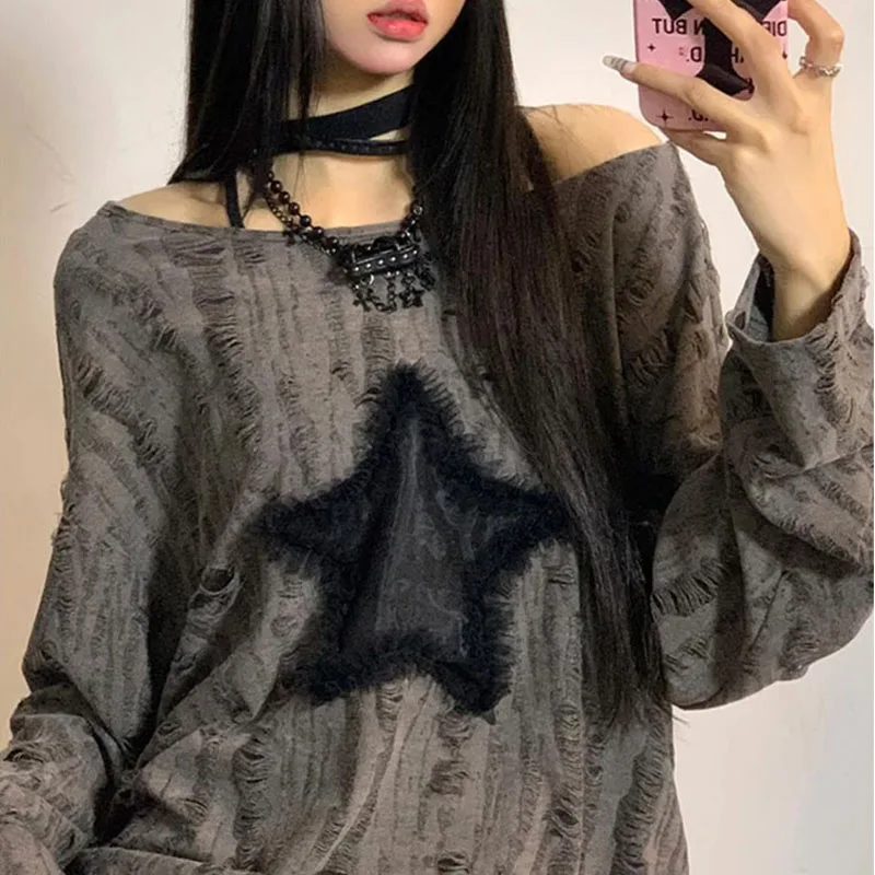 Y2K Hole Star Print T-Shirt Women Fashion Streetwear Off Shoulder Tops Summer Oversized Kpop Long Sleeve Loose Tees Ladies New