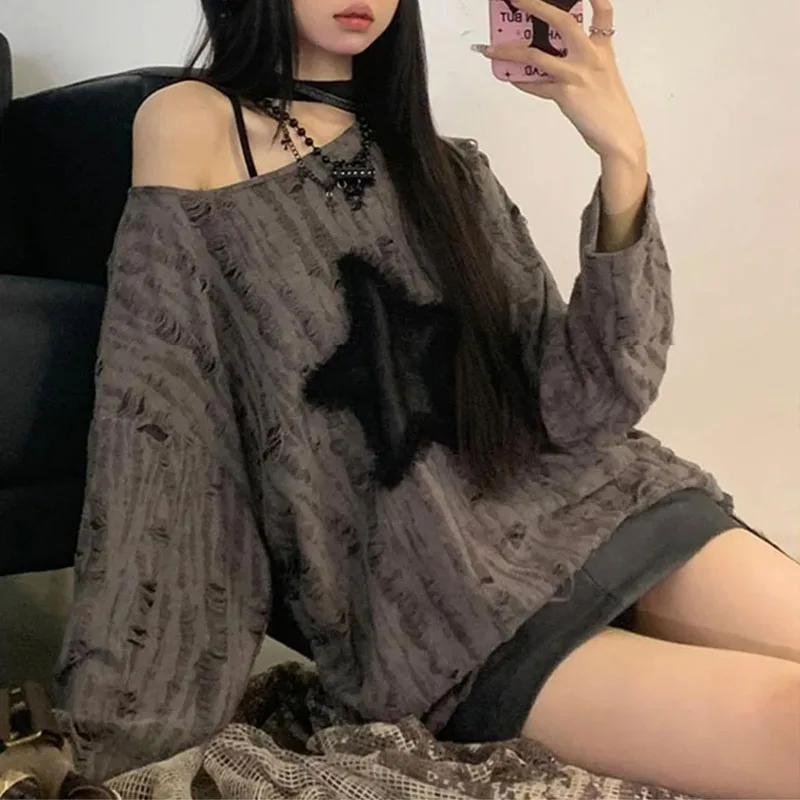 Y2K Hole Star Print T-Shirt Women Fashion Streetwear Off Shoulder Tops Summer Oversized Kpop Long Sleeve Loose Tees Ladies New