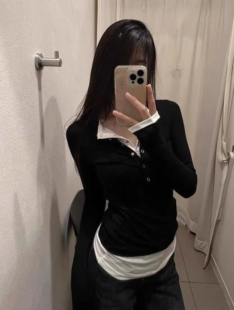 2026 Spring New Long Sleeve T-Shirt for Women Sexy Hot Girl Retro Fake Two-Piece Y2K Tops Korean Patchwork Contrast T Shirts