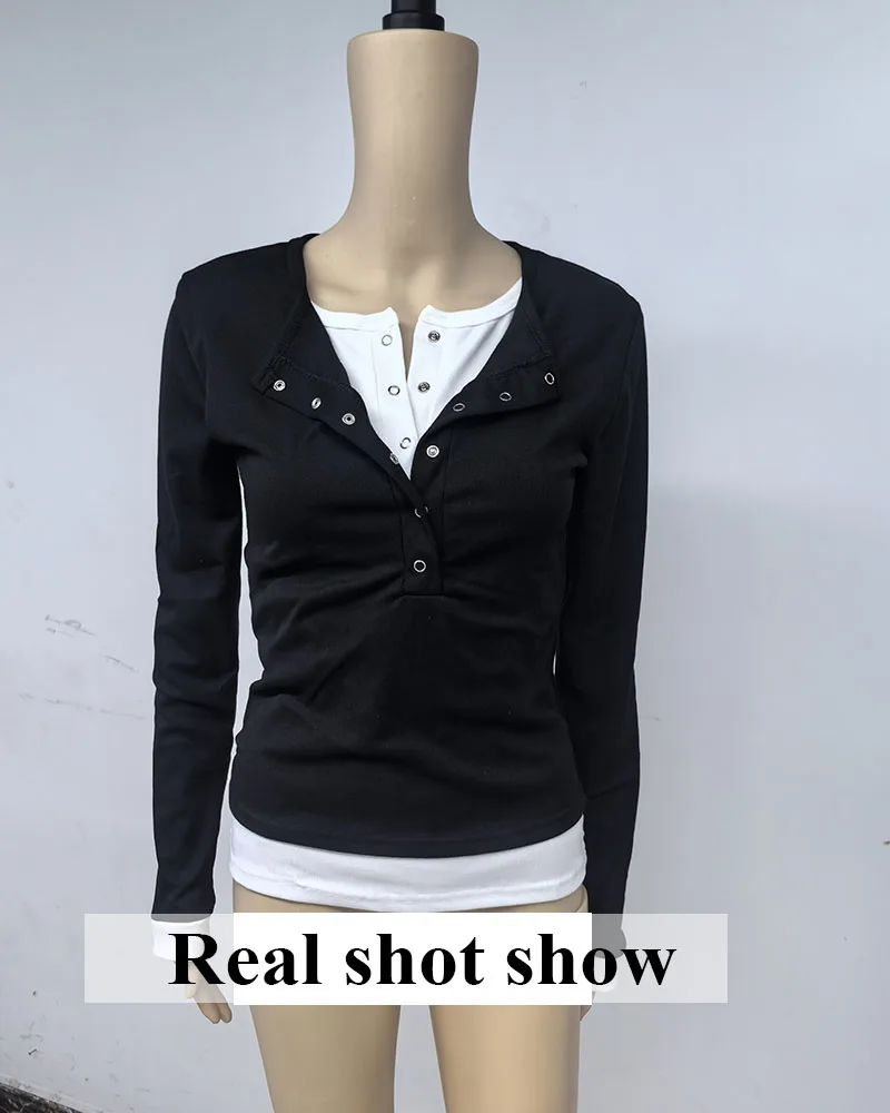 2026 Spring New Long Sleeve T-Shirt for Women Sexy Hot Girl Retro Fake Two-Piece Y2K Tops Korean Patchwork Contrast T Shirts
