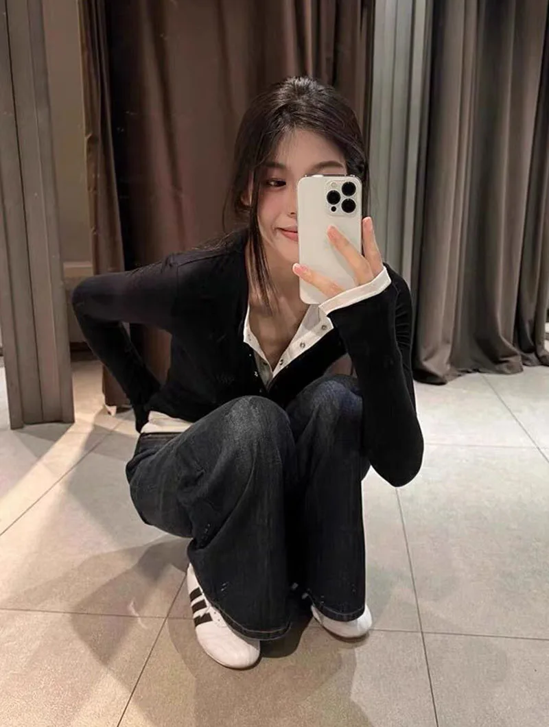 2026 Spring New Long Sleeve T-Shirt for Women Sexy Hot Girl Retro Fake Two-Piece Y2K Tops Korean Patchwork Contrast T Shirts