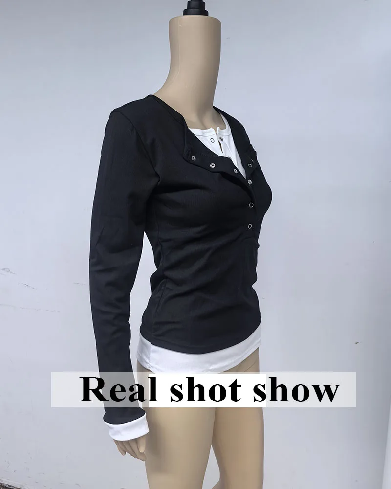 2026 Spring New Long Sleeve T-Shirt for Women Sexy Hot Girl Retro Fake Two-Piece Y2K Tops Korean Patchwork Contrast T Shirts