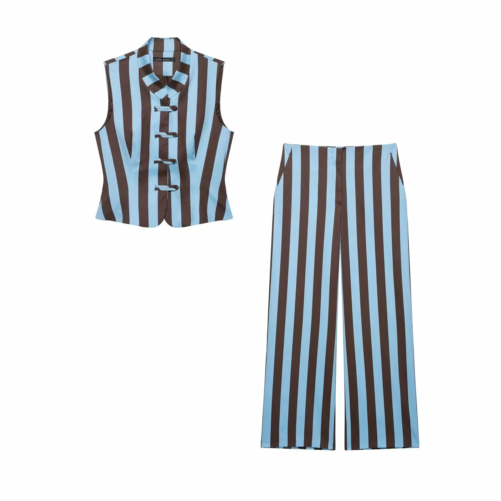 Women Fashion Summer 2026 Women Striped Casual Suit Knots Straight Vest+Zipper Pockets Long Pants Vintage Female Chic Lady Suits