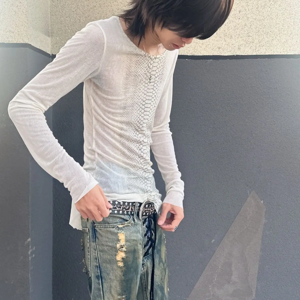 Subculture Vintage Retro Early Visual Style Punk Rock Personality Avant-Garde Python Print Long-Sleeve T-Shirt Top