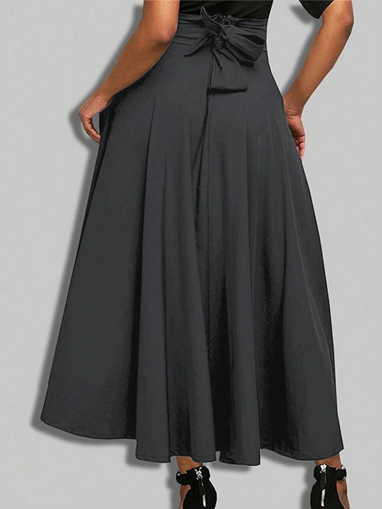 New In Dresses Solid Color A-line Skirts for Woman Clothing High Elastic Waist Long Skirt Women With Bow Elegant Women's Skirts
