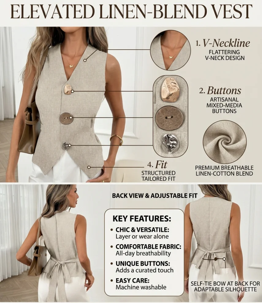 New Women's Cotton Linen Elegant Waistcoat Vest for Spring Summer Autumn, Back Tie Design Vest with Unique Hand-Sewn Buttons