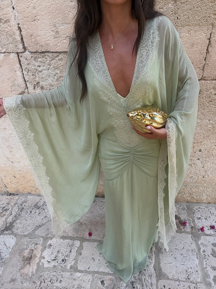 Women Elegant Green Lace V Neck Maxi Dress Flare Wide Sleeve Cover Up Ruched Bodycon Gown Evening Formal Party Vacation Wear New