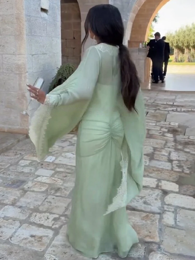 Women Elegant Green Lace V Neck Maxi Dress Flare Wide Sleeve Cover Up Ruched Bodycon Gown Evening Formal Party Vacation Wear New