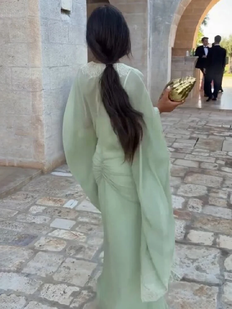 Women Elegant Green Lace V Neck Maxi Dress Flare Wide Sleeve Cover Up Ruched Bodycon Gown Evening Formal Party Vacation Wear New