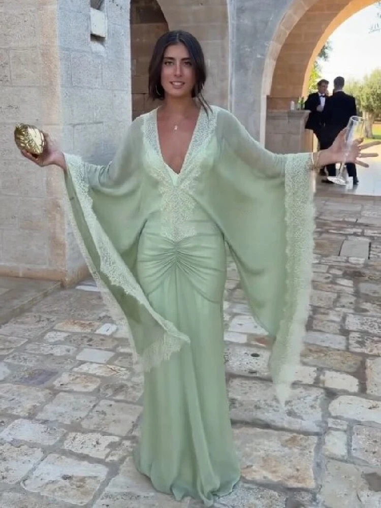 Women Elegant Green Lace V Neck Maxi Dress Flare Wide Sleeve Cover Up Ruched Bodycon Gown Evening Formal Party Vacation Wear New