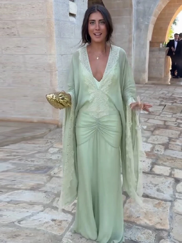 Women Elegant Green Lace V Neck Maxi Dress Flare Wide Sleeve Cover Up Ruched Bodycon Gown Evening Formal Party Vacation Wear New