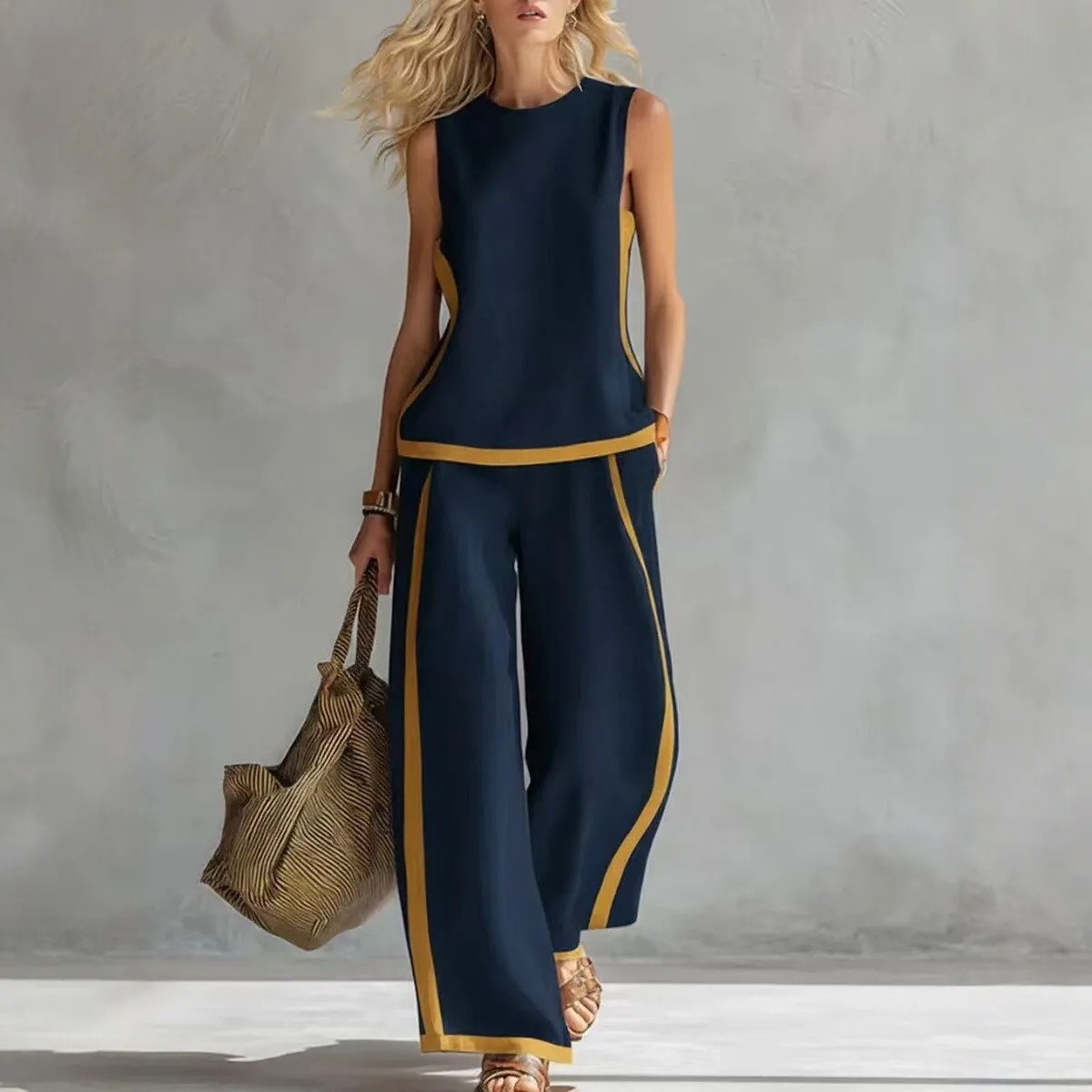 Women Linen 2 Piece Sets Color Block Sleeveless O Neck Tank Top High Waist Wide Leg Pants Loose Casual Summer Matching Suit