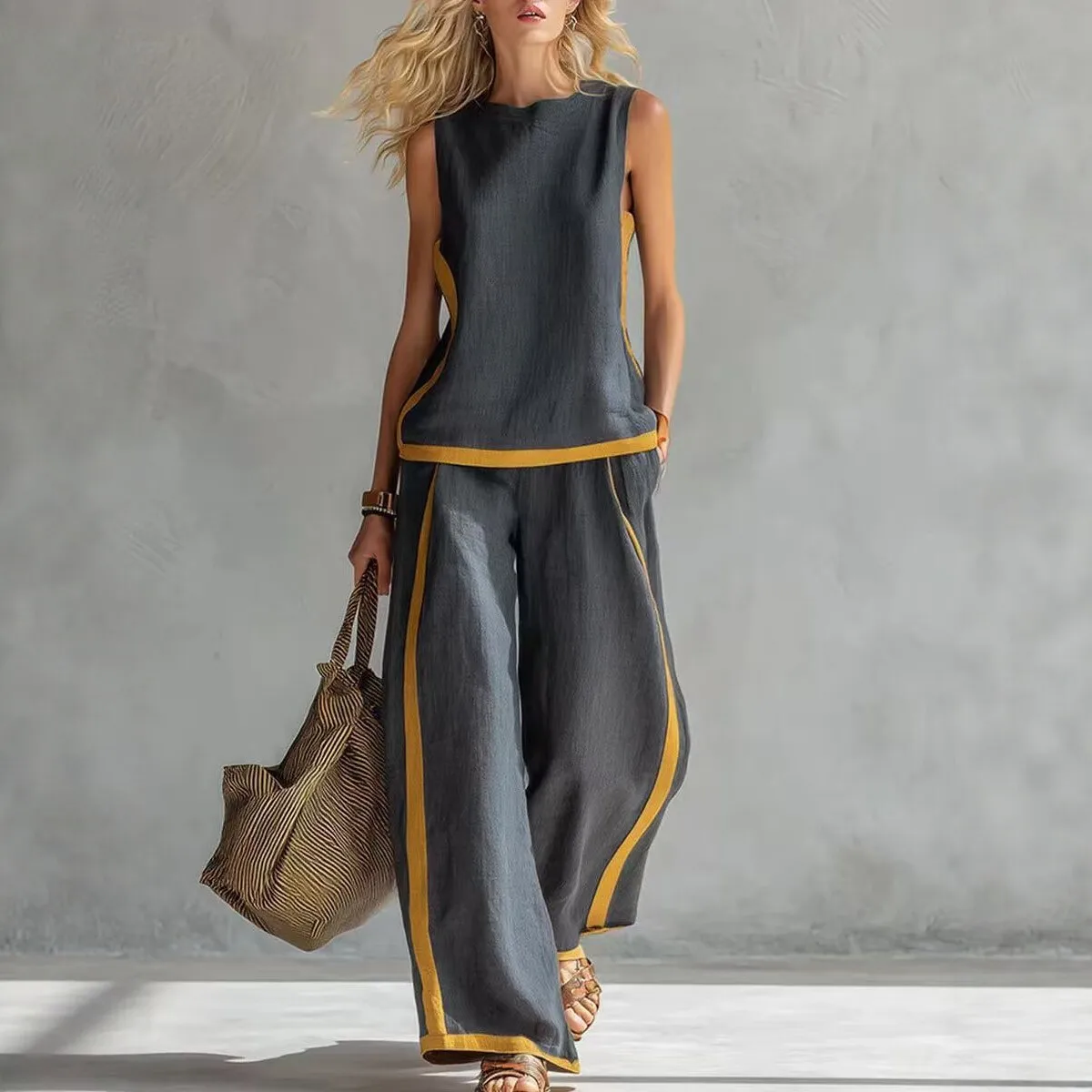 Women Linen 2 Piece Sets Color Block Sleeveless O Neck Tank Top High Waist Wide Leg Pants Loose Casual Summer Matching Suit