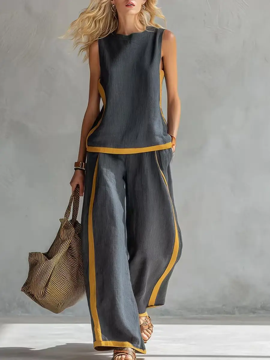 Women Linen 2 Piece Sets Color Block Sleeveless O Neck Tank Top High Waist Wide Leg Pants Loose Casual Summer Matching Suit