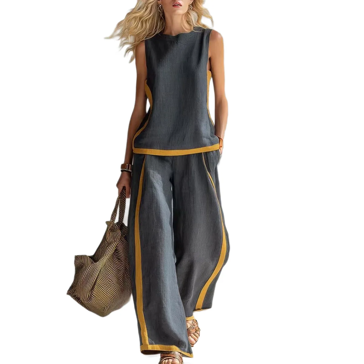 Women Linen 2 Piece Sets Color Block Sleeveless O Neck Tank Top High Waist Wide Leg Pants Loose Casual Summer Matching Suit