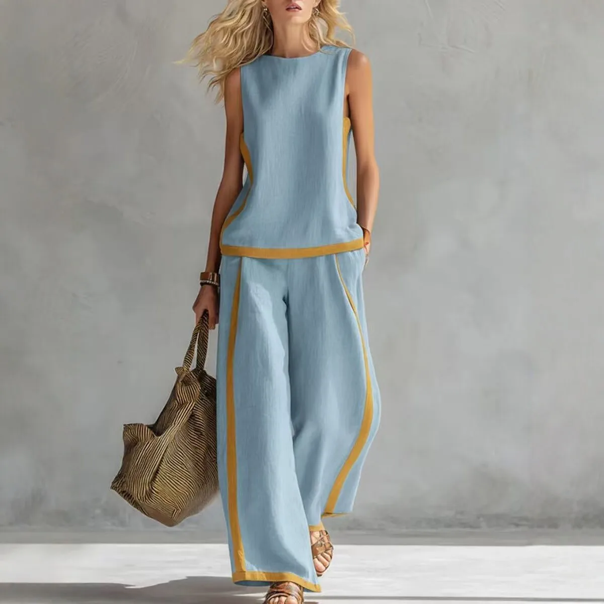 Women Linen 2 Piece Sets Color Block Sleeveless O Neck Tank Top High Waist Wide Leg Pants Loose Casual Summer Matching Suit
