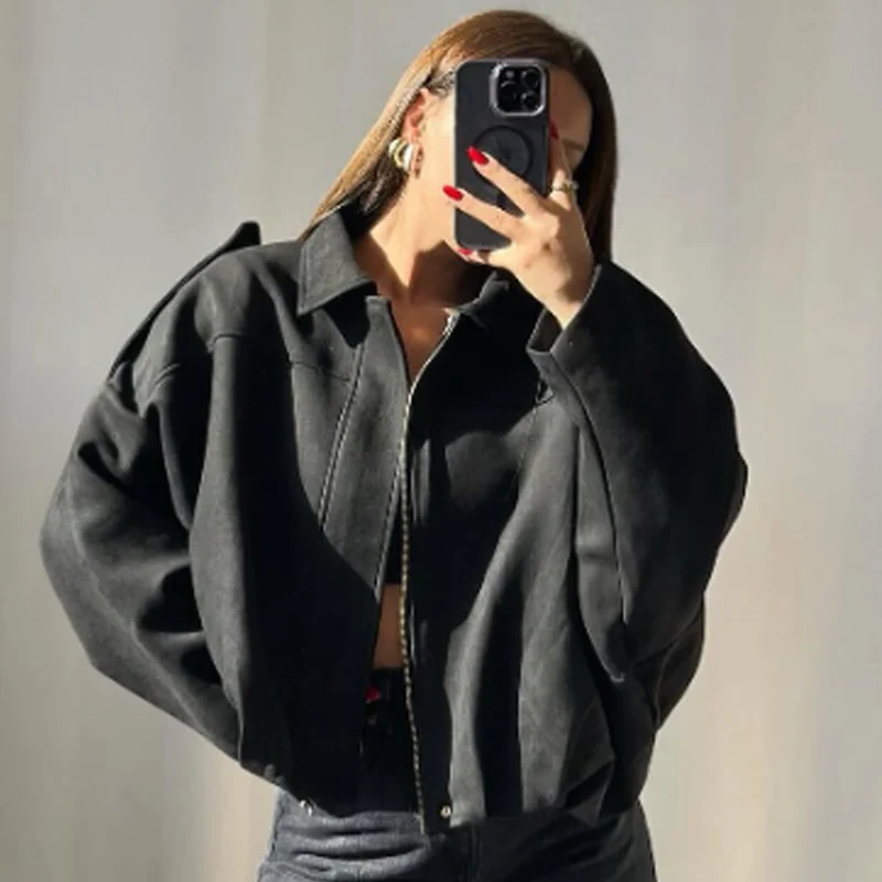 HXAO Suede Cropped Jacket Women's Bomber Jacket Oversized Batwing Sleeves Outerwears Lady Casual Loose Coat Street Style Jackets