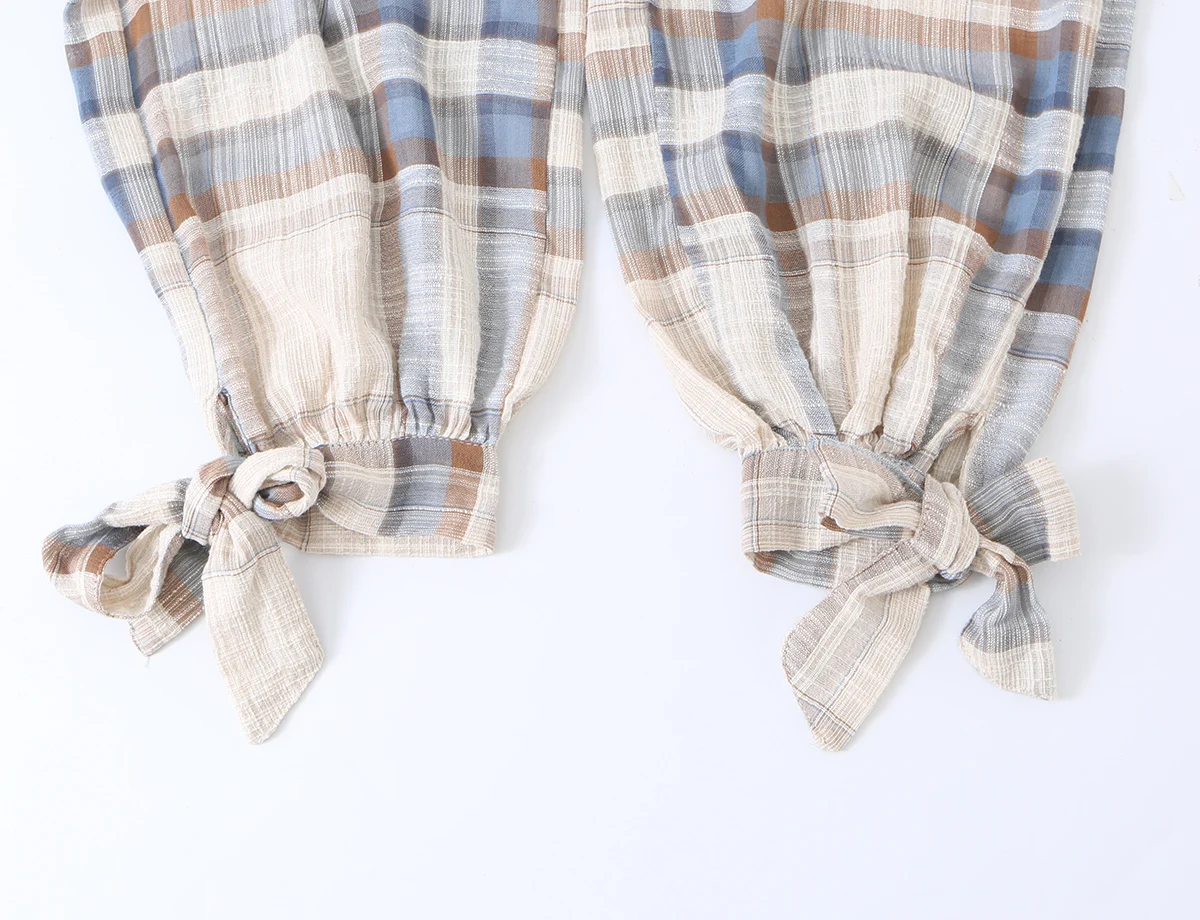 BSAY 2026 Women Vintage Plaid Checkered Lantern Pants Elastic High Waist Ankle Bow Tie Design Loose Casual Daily Harem Trousers