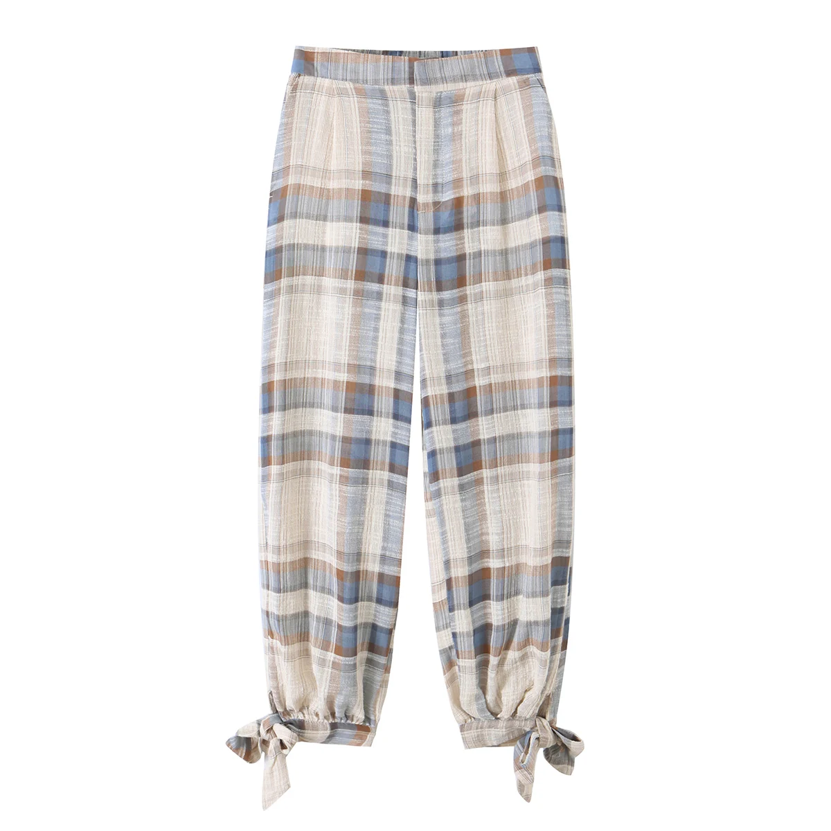 BSAY 2026 Women Vintage Plaid Checkered Lantern Pants Elastic High Waist Ankle Bow Tie Design Loose Casual Daily Harem Trousers