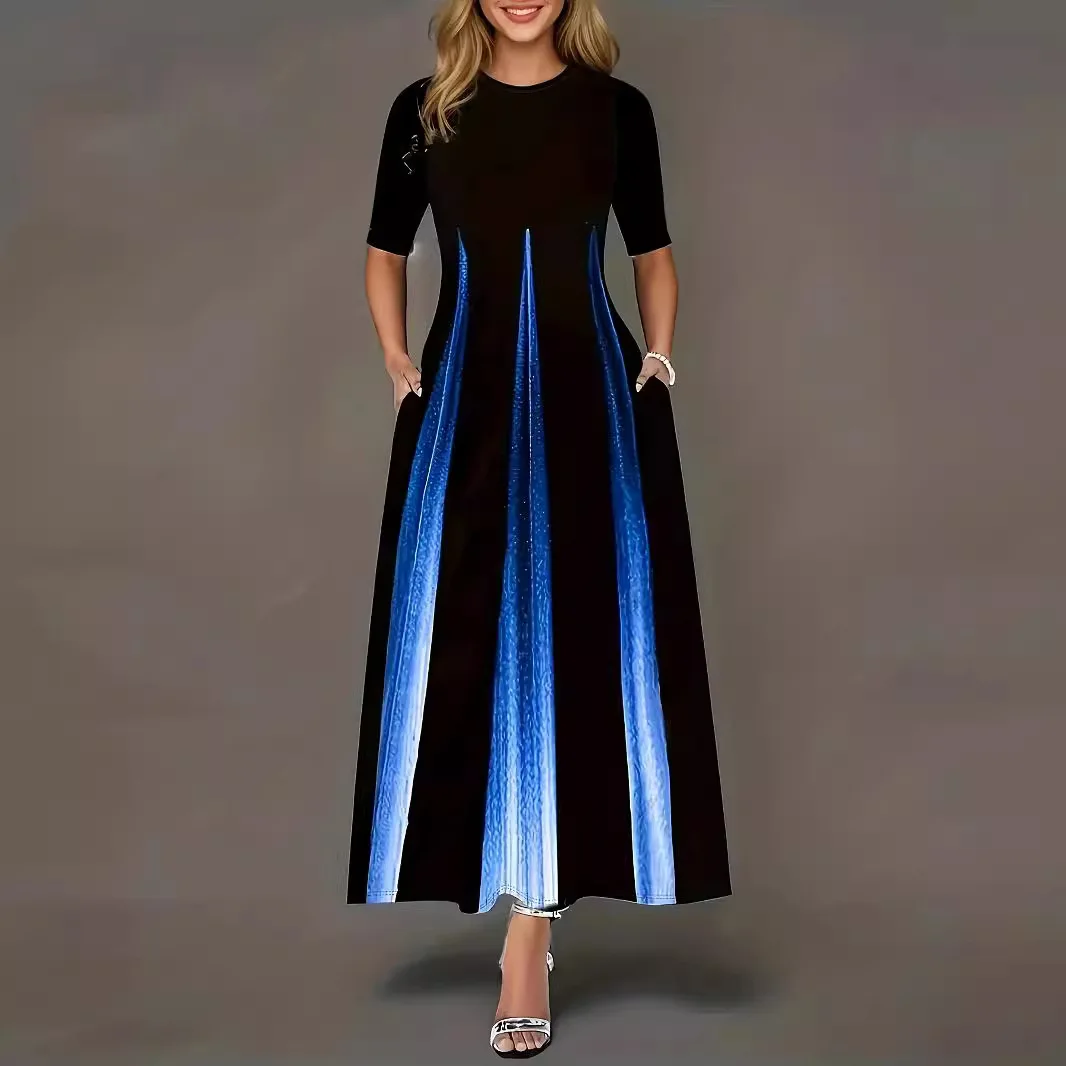 Summer new gradient vertical print dress with round neck, loose sleeves, slimming temperament, long skirt
