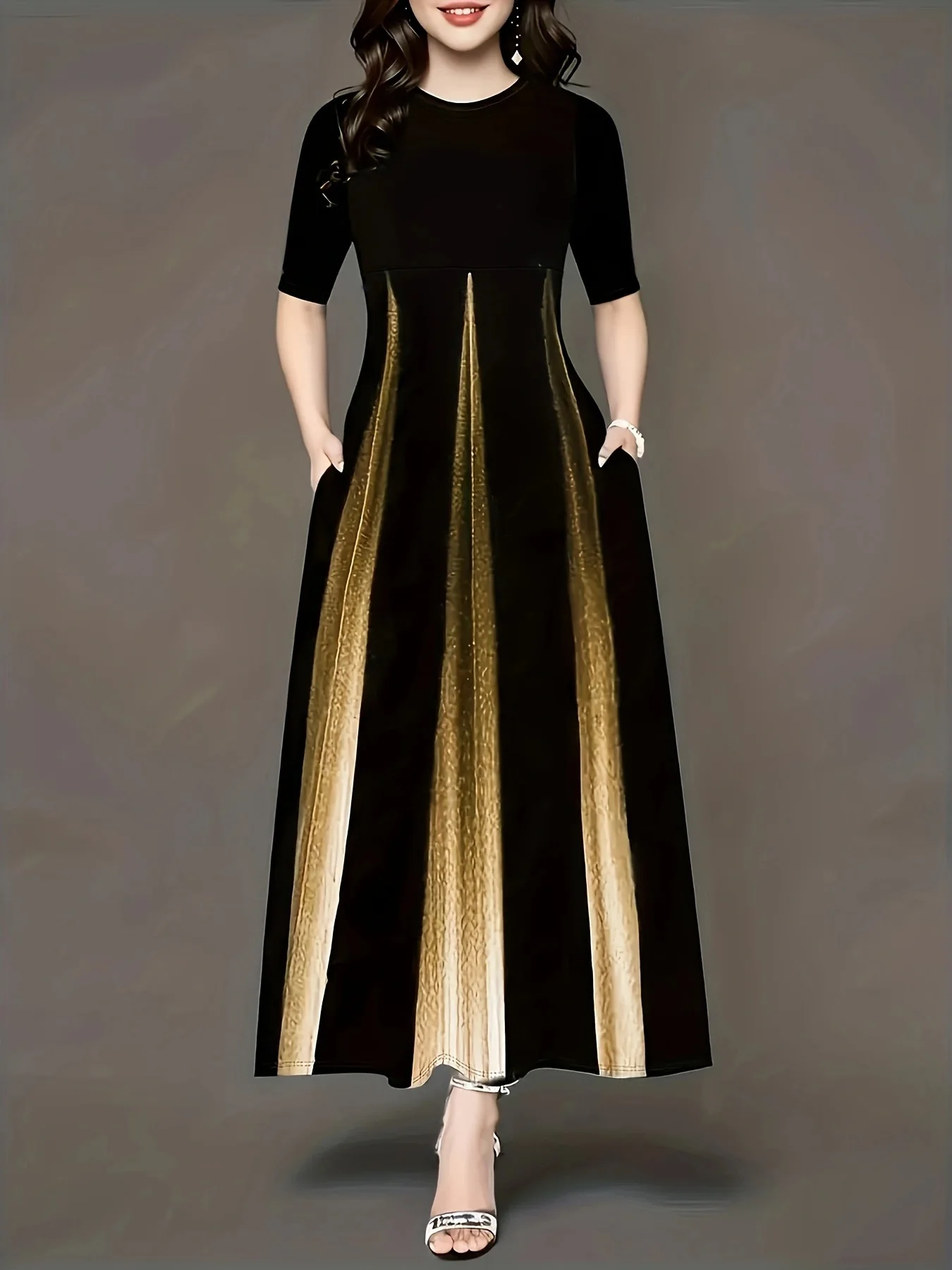 Summer new gradient vertical print dress with round neck, loose sleeves, slimming temperament, long skirt