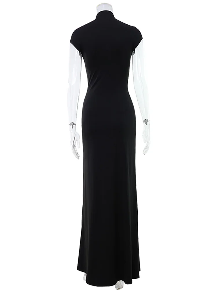 CNYISHE Short Sleeve O Neck Women Dresses Split Metal Buckle Solid Sheath Sexy Club Fashion Evening Party Outfits Female Bodycon