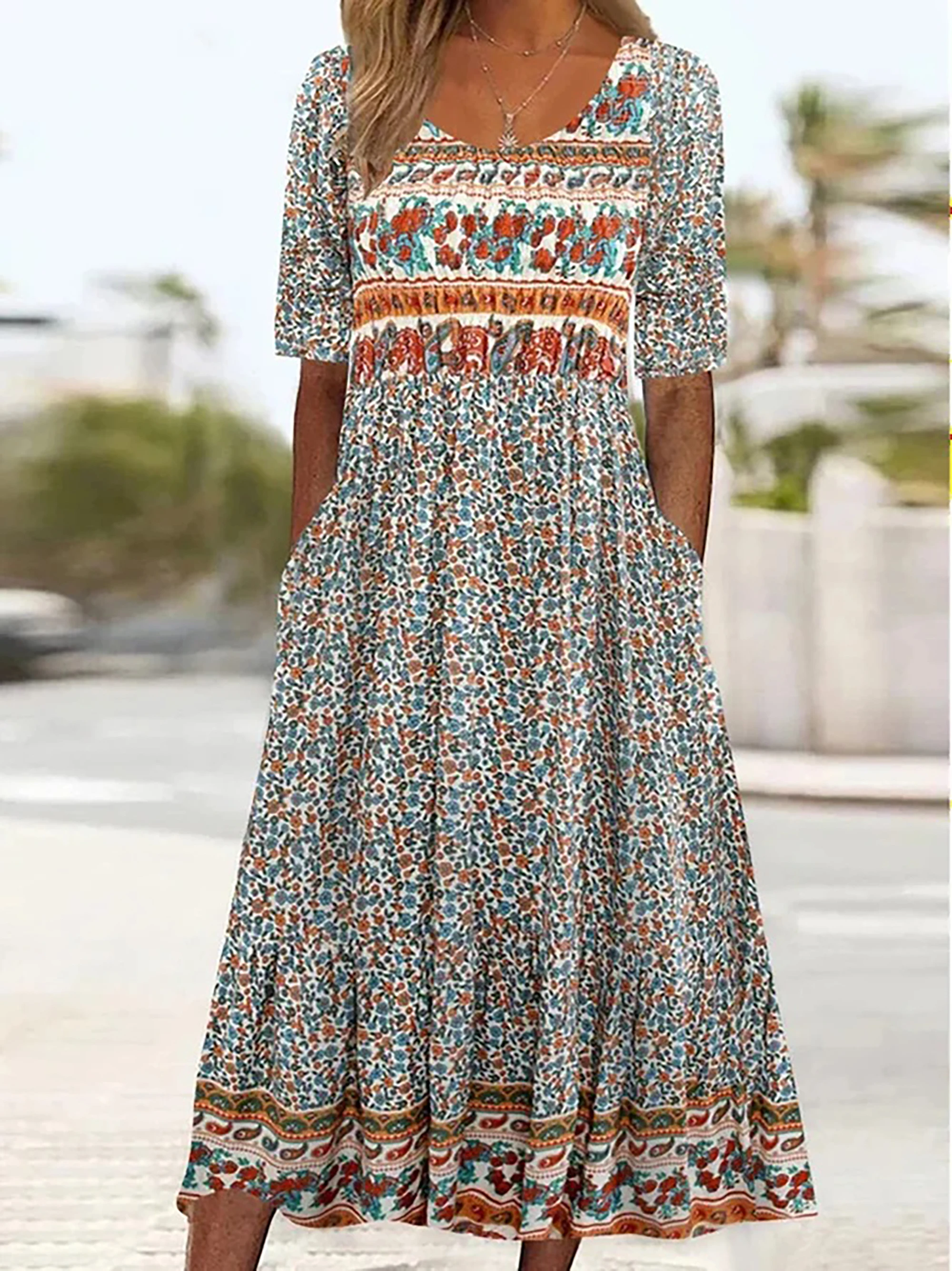 Women Boho Floral Print Midi Dress Round Neck Half Sleeve A Line Casual Dress With Pockets Summer Holiday Sundress
