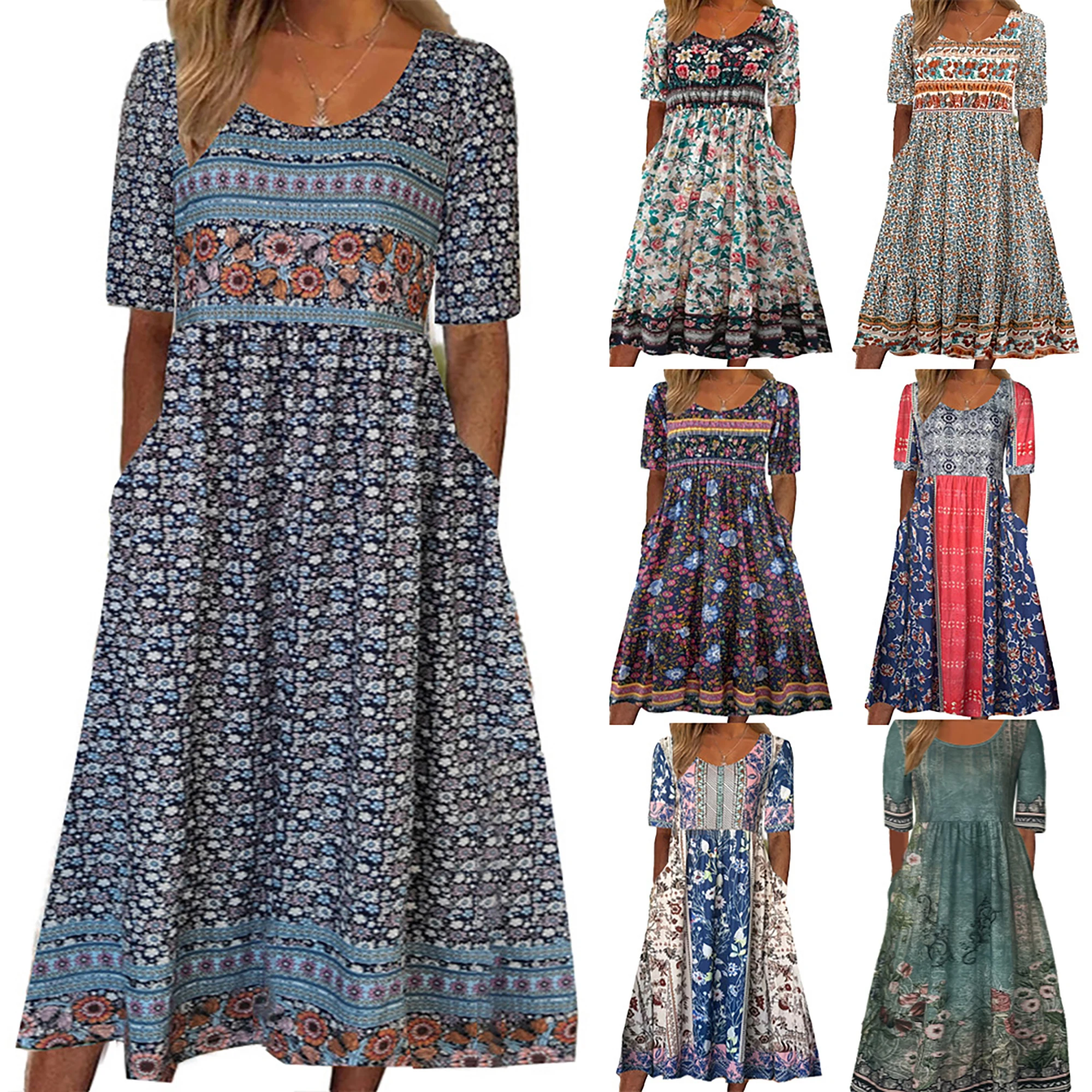 Women Boho Floral Print Midi Dress Round Neck Half Sleeve A Line Casual Dress With Pockets Summer Holiday Sundress