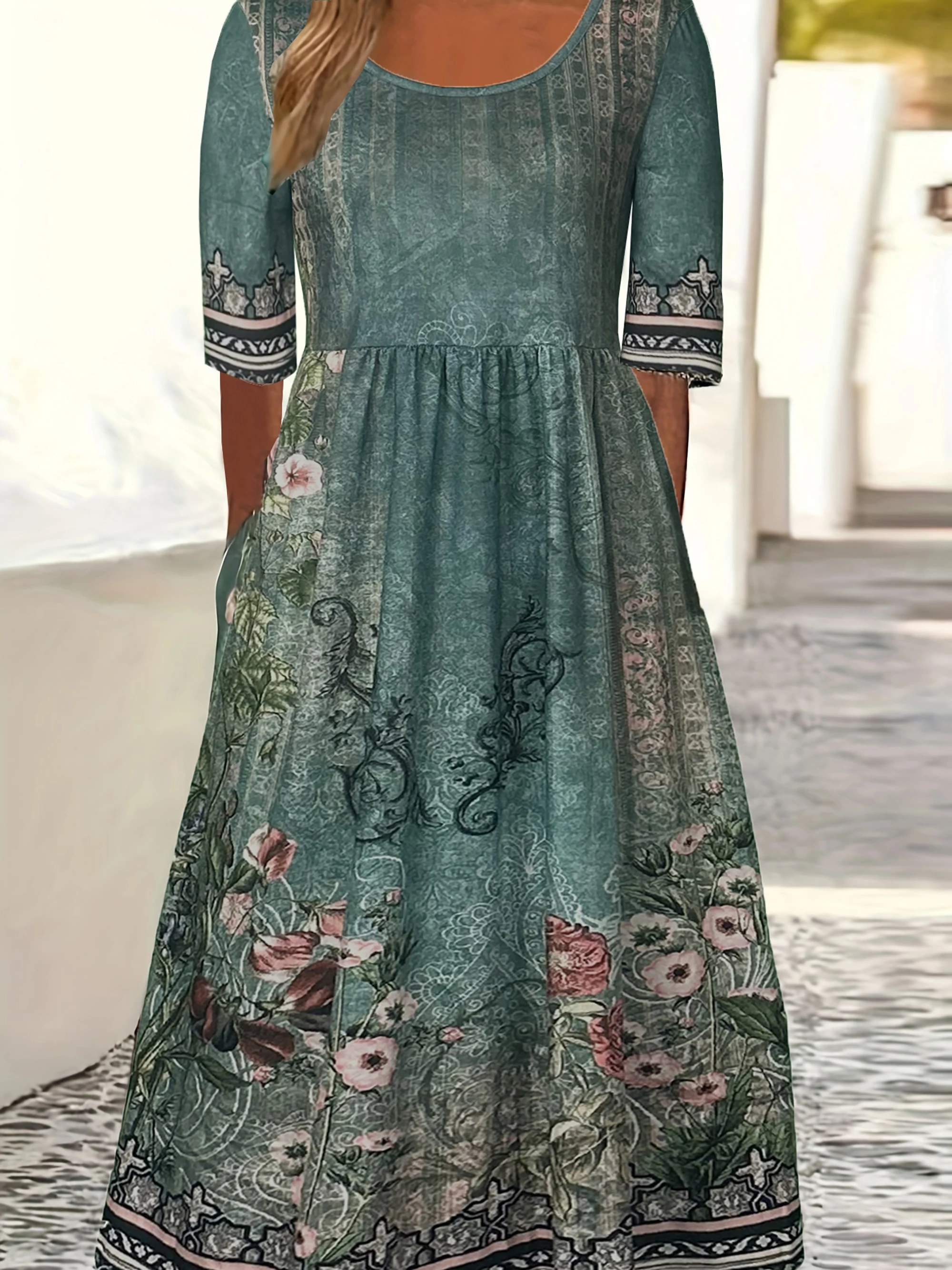 Women Boho Floral Print Midi Dress Round Neck Half Sleeve A Line Casual Dress With Pockets Summer Holiday Sundress