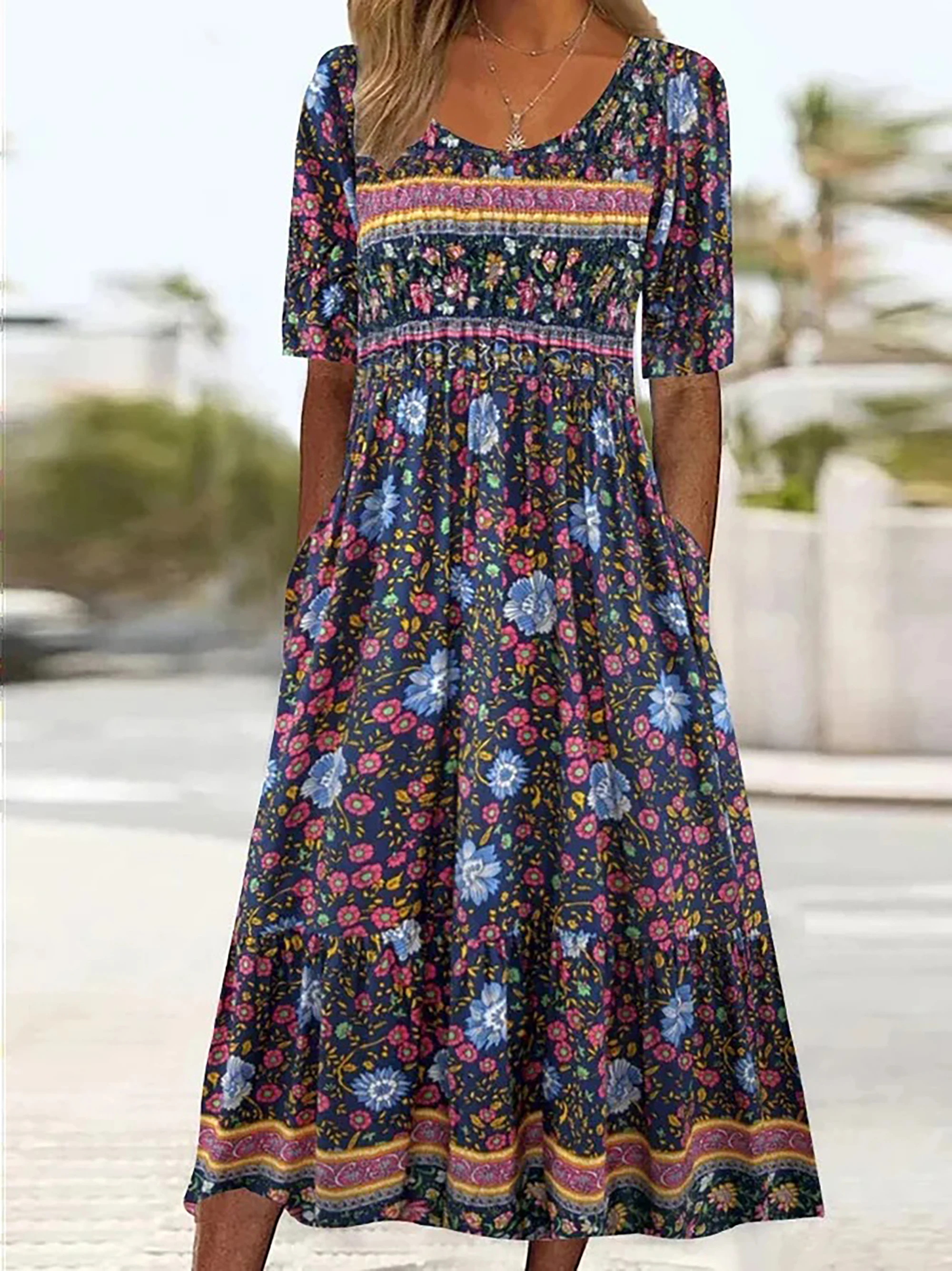 Women Boho Floral Print Midi Dress Round Neck Half Sleeve A Line Casual Dress With Pockets Summer Holiday Sundress